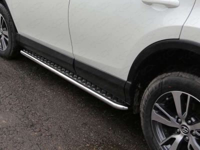 Пороги с площадкой алюминиевый лист 42 мм ТСС для Toyota RAV4 2015-2019